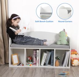 New Kids Bookshelf with Reading Nook, Toddler Bookshelf with Soft Grey Cushion, 4-Cube, White,(MOMC-KB-T)