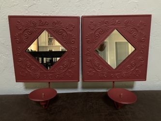 Red Wall-Mounted Candleholders with Mirrors 