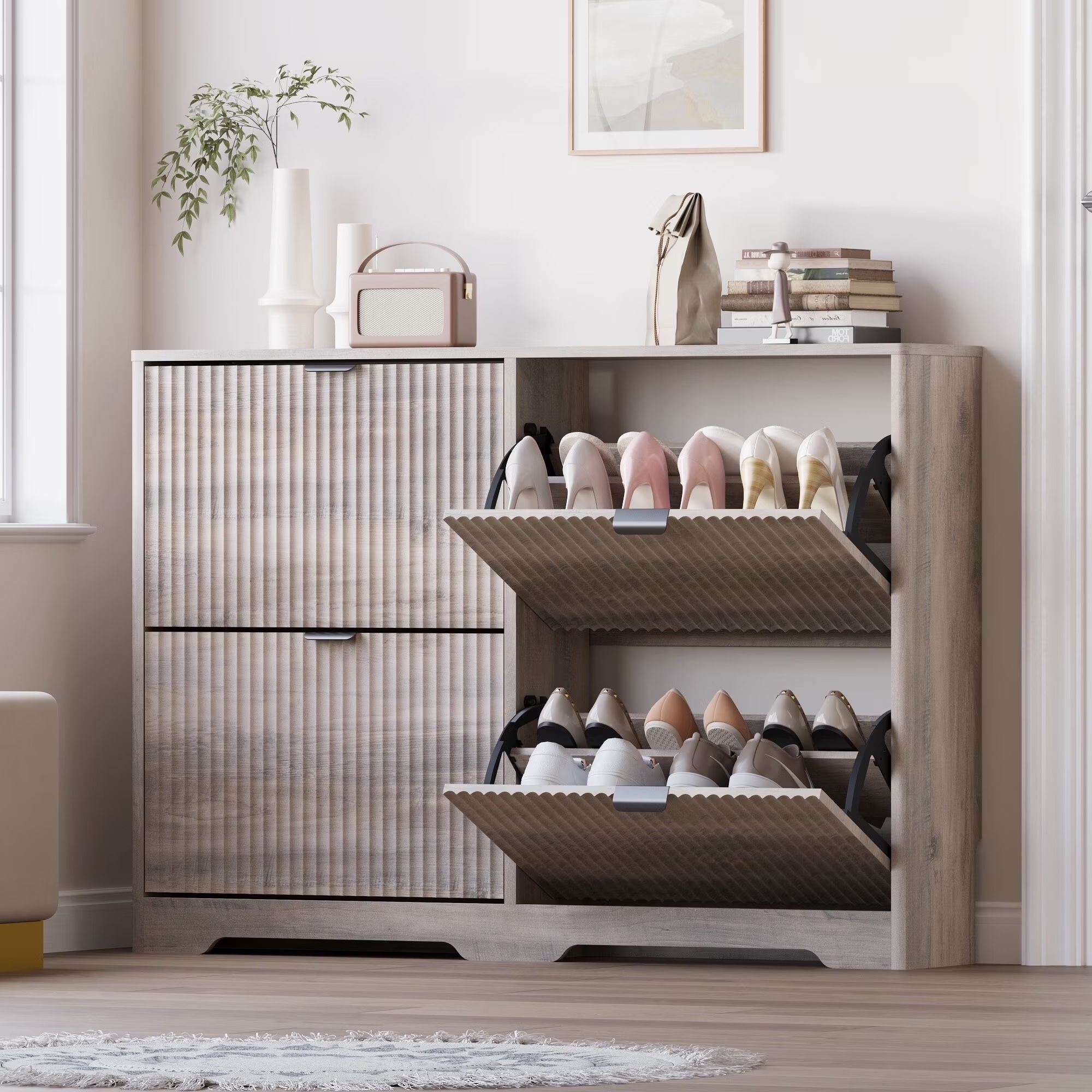 FANRAL Shoe Cabinet with 4 Flip Drawers,Fluted Shoe Storage Cabinet Rack Organizer with Adjustable Shelves for Entryway,Closet,Hallway,Gray