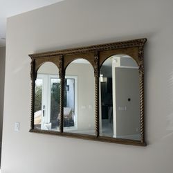 Large Triple Arch Wall Mirror, Ornate Wood Frame, Antique Gold Finish