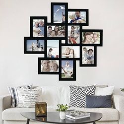 Decorative Black Wood Wall Hanging Collage Picture Photo Frame, 12 Openings, 4x6 inches