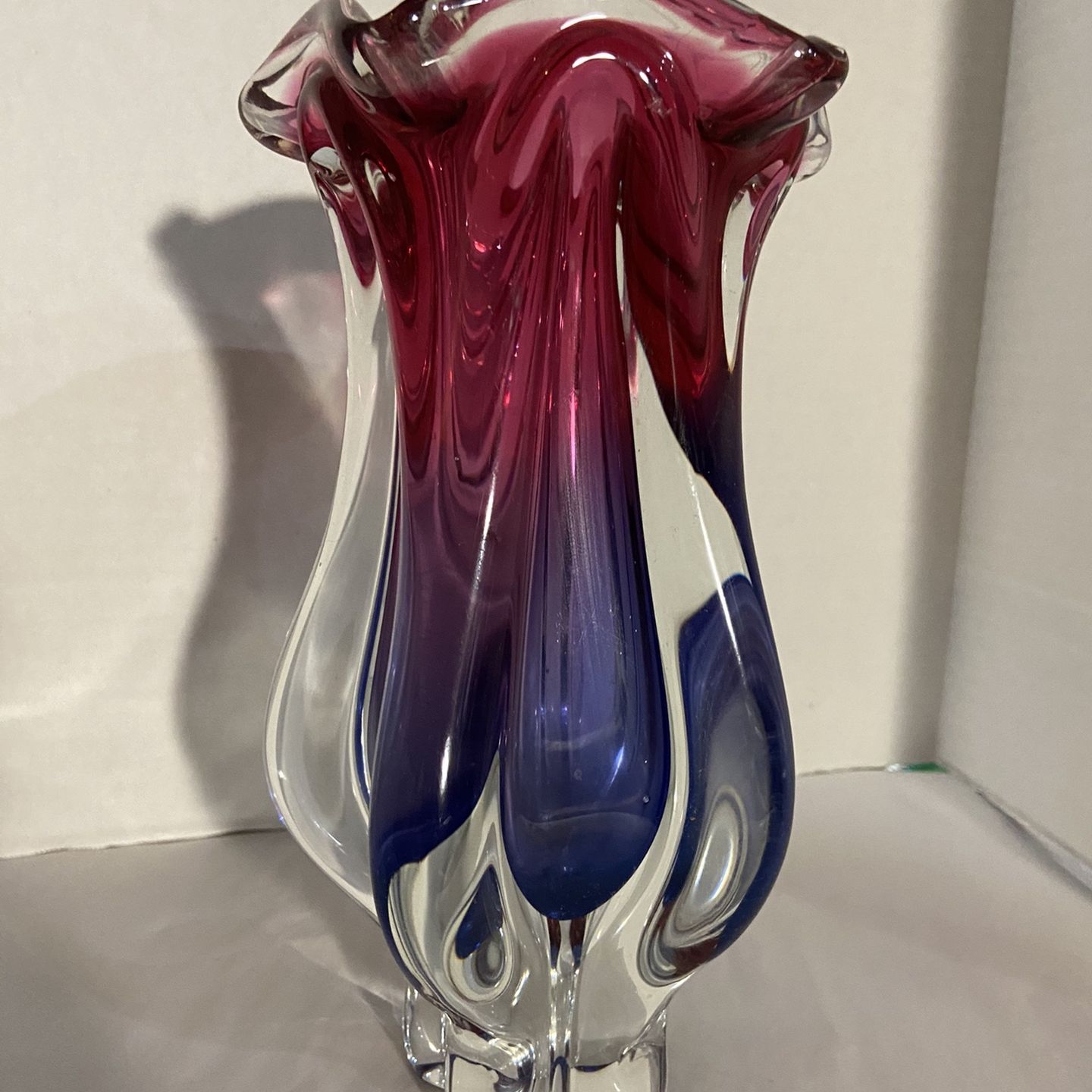 Very Rare 20th Century Murano Ribbed Red & Blue Vase