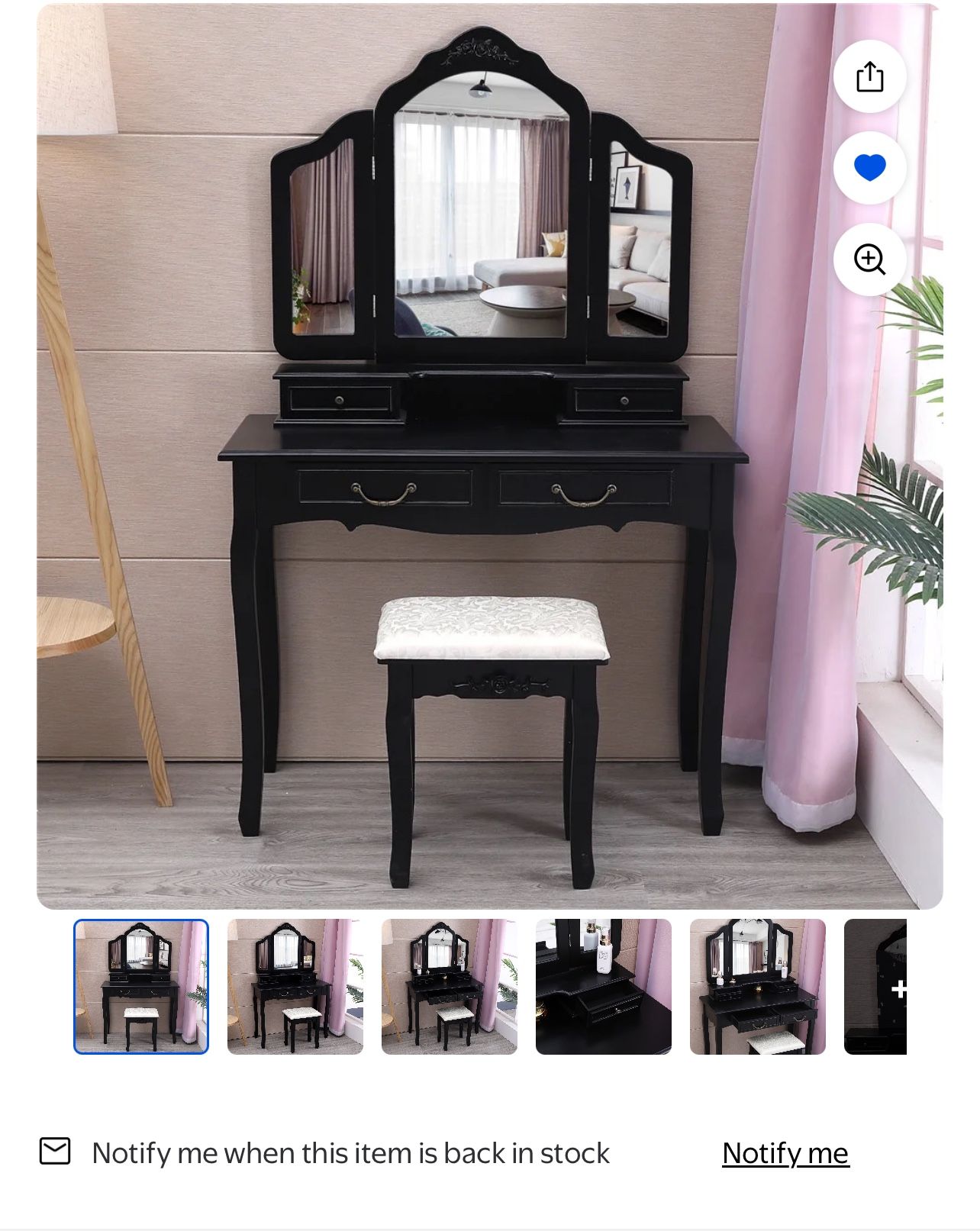 Makeup Vanity Table Set Vanity Beauty Station w/Cushioned Stool 4 Drawer & Mirror Wood Desk Black