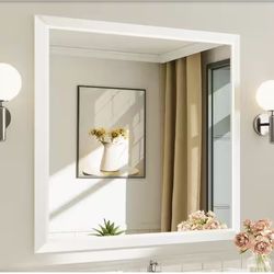 KIOTEE 36”x36” White Framed Bathroom Mirror, Wall Mounted Tempered Glass