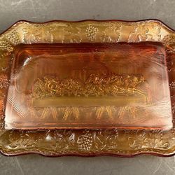 Vintage The Last Supper Plate Tiara Indiana Glass Amber Bread Platter Dish 11 X 7