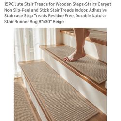 15PC Jute Stair Treads for Wooden Steps-Stairs Carpet Non Slip-Peel and Stick Stair Treads Indoor, Adhesive Staircase Step Treads Residue Free, 