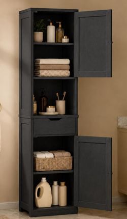 Tall Bathroom Storage Cabinet with 6 Adjustable Shelves, Black
Anti-Tip Safety, Waterproof MDF, 2 Doors + 1 Drawer, Easy Assembly, for Bathroom/Living