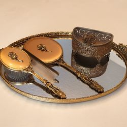 Vintage 1950s Hollywood Regency Filigree Ormolu Vanity Set. See Complete Description