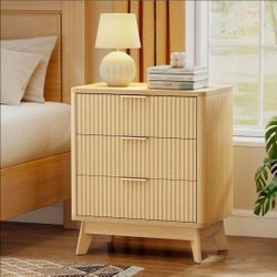 1-Piece Accent Table,  Fluted Nightstand, 24" Wide Side Table with 3 Large Storage Drawers