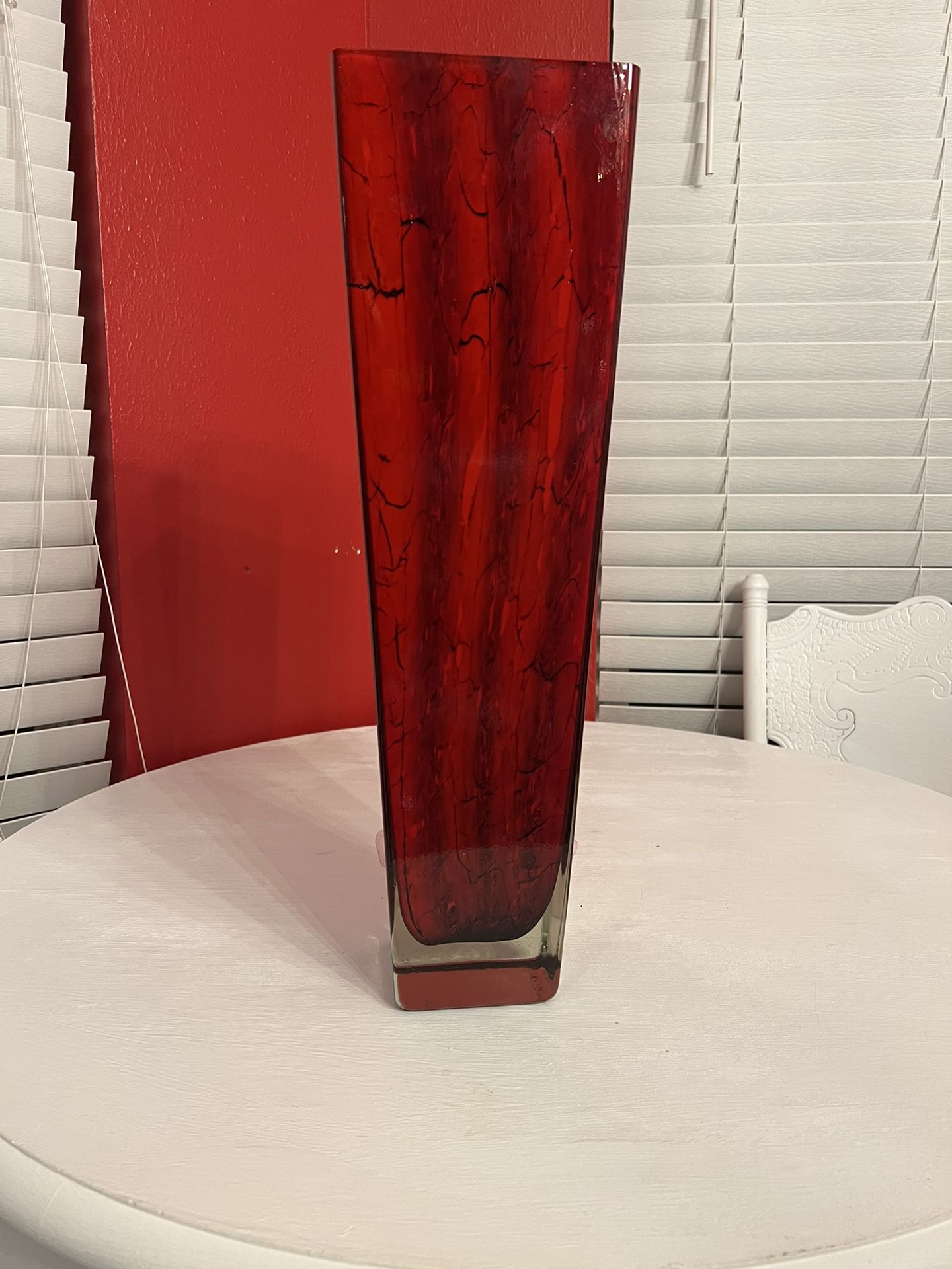 TALL RED UNIQUE HAND BLOWN ART GLASS VASE BLACK STRIPES 19” 1/2 Tall