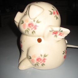 Cute Ceramic Flying Pig Night Lamp With Roses 