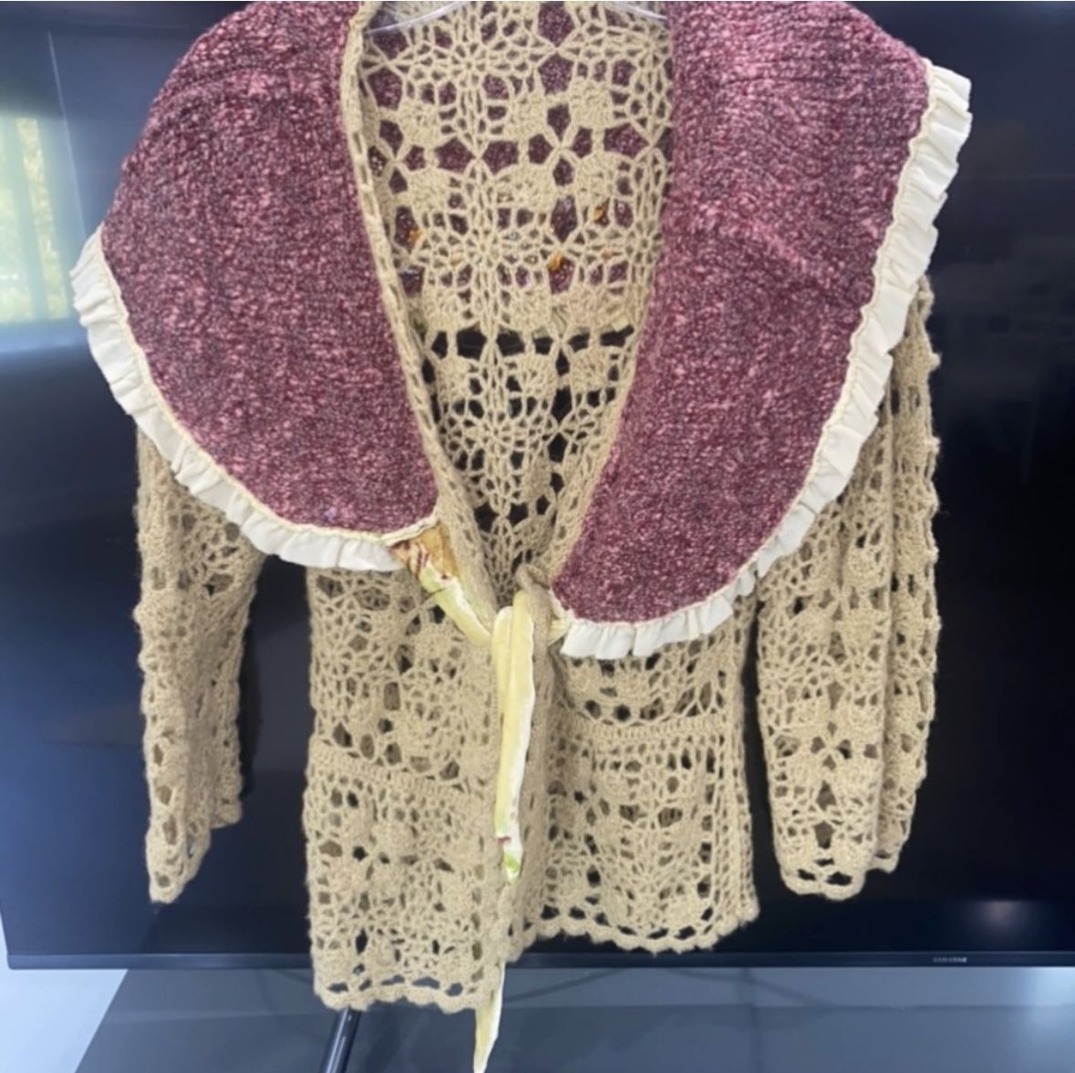 Anthropologie Moth Embellished Crochet Velvet Cardigan 