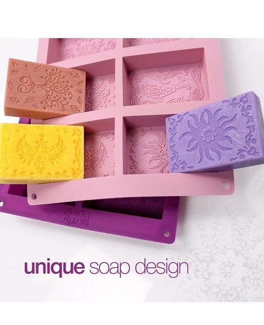 Rectangle Silicone Soap Molds - Set of 2 for 12 Cavities - Mixed Patterns - Soap Making Supplies