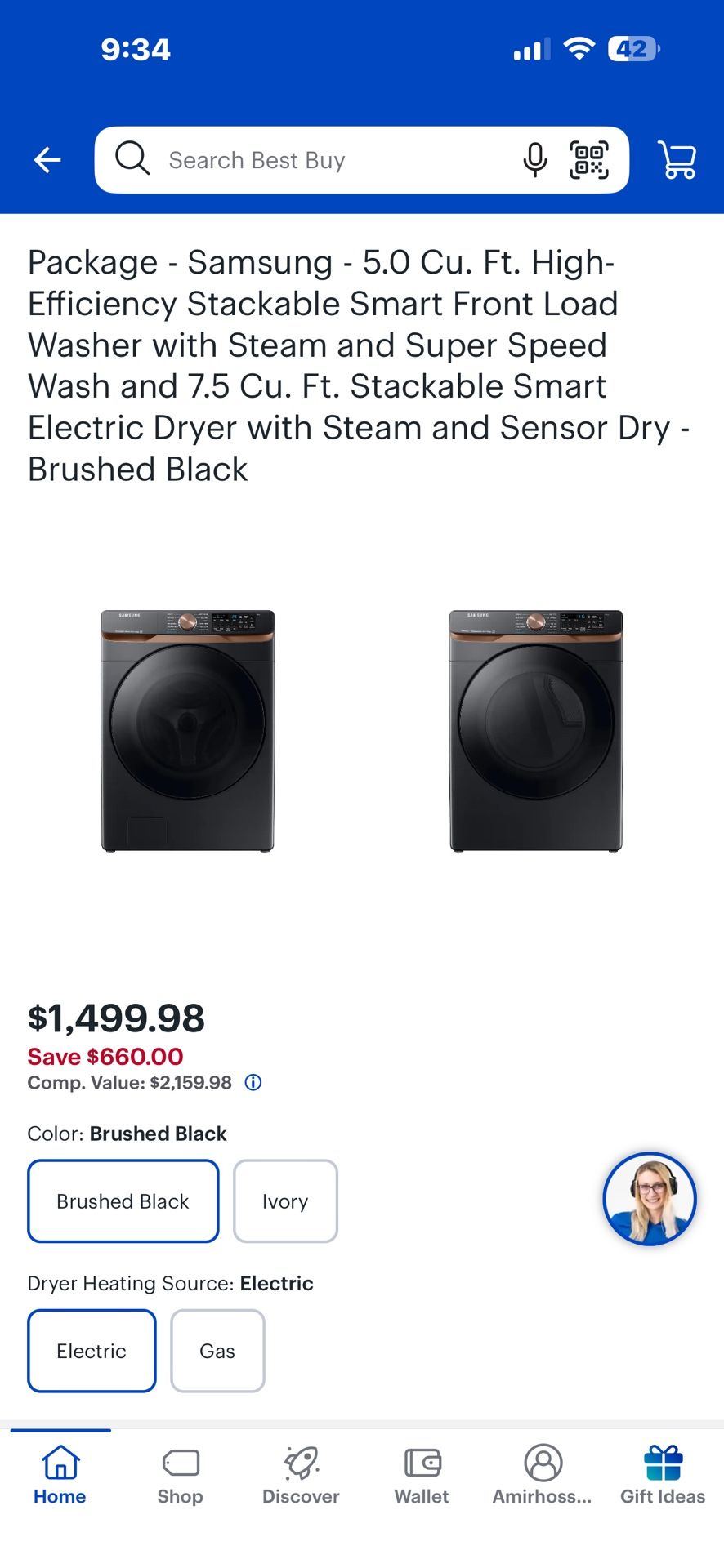 Almost New  Samsung 5 cu. ft. High-Efficiency Stackable Smart Front-Load Washer & Dryer – Brushed Black Washer + Dryer