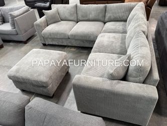 New Modern Light Gray Fabric Sectional Couch and Ottoman Set Contemporary Desginer Staging Stage Furniture  Style Cozy Living Room Space Large Corner