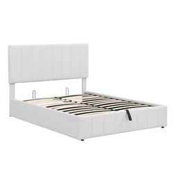 NEW WHITE Full Size Lift Up Storage Bed, Upholstered Platform Bed Frame with Wingback Headboard, Wood Slats Support, Noiseless, Easy Assembly, No Box 