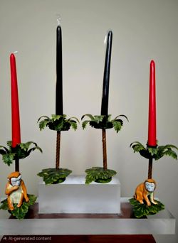 20th Century Hollywood Regency Tole Monkey Palm Tree Candlesticks Set of 4