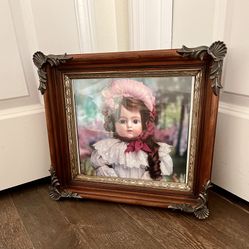 Vintage Victorian Doll Photo Framed Wooden Frame with Metal Corners 13/16”