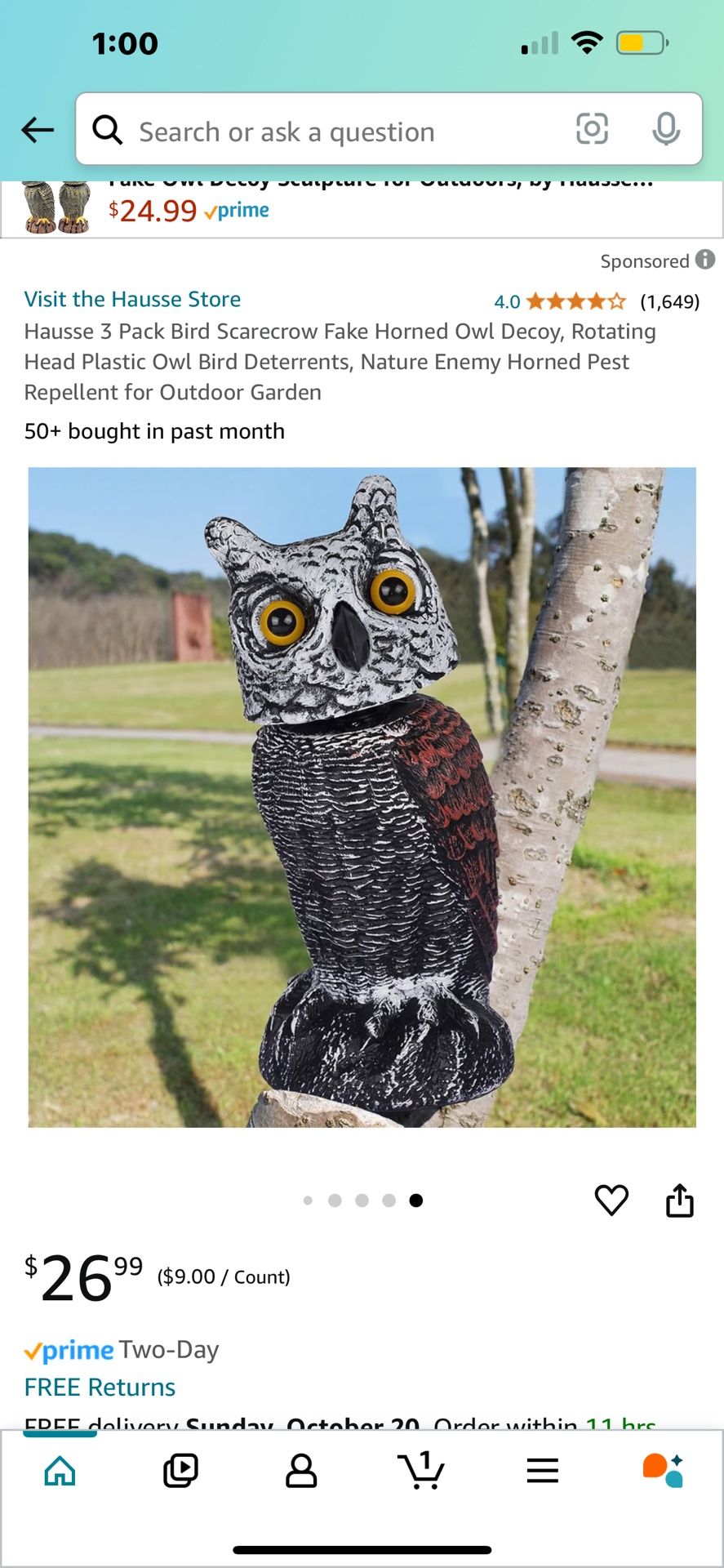 Hausse 3 Pack Bird Scarecrow Fake Horned Owl Decoy, Rotating Head Plastic Owl Bird Deterrents, Nature Enemy Horned Pest Repellent for Outdoor Garden