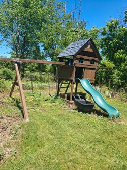 Child wooden swing set and slide