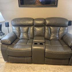 Gray Leather Power Recliner Loveseat