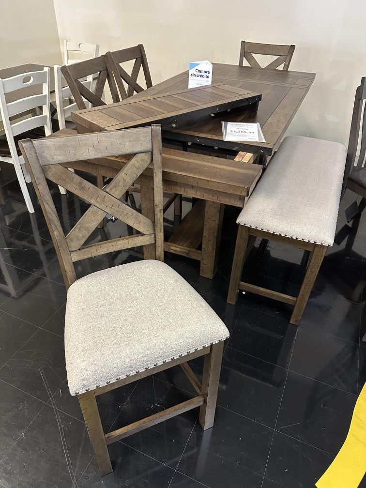 Moriville Brown 6 Piece High Counter Dining Table, 4 Barstools and Bench Set /P