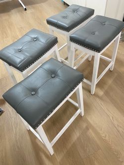 4 Stone Grey White Rivet Upholstered Bar Stools 24 inch