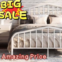 🔥Big Sale Queen Size Metal Platform Bed Frame with Victorian Style Wrought Iron-Art Headboard/Footboard, No Box Spring Required, White