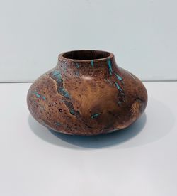 Russ Henderson Manzanita Root Handmade Vase Bowl Turquoise Inlaid Signed