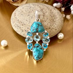 Turquoise And Blue Topaz 925 Sterling Silver Overaly Pendant