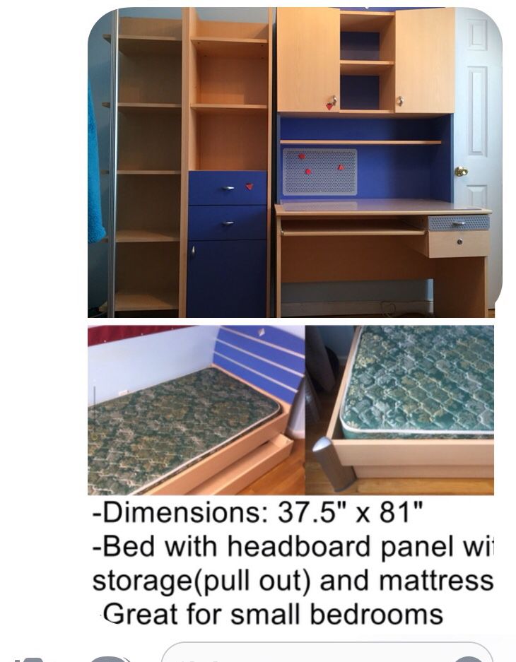 Bed for sale with storage,computer desk,shelves.