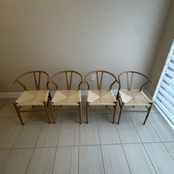 Set of 4 POLY & BARK Metal Weave Dining Chairs – Wood-Look, Mid-Century Style