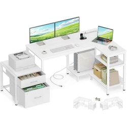 L Shaped Desk with Drawers & File Cabinet, Reversible White Computer Desk with Storage Shelves & CPU Stand, Corner Desk with Power Outlets, L Table fo