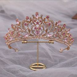 Baroque Vintage Rose Golden Heart Crystal Bridal Crowns Pageant Rhinestone Diadem Veil Tiara Wedding Hair Accessories