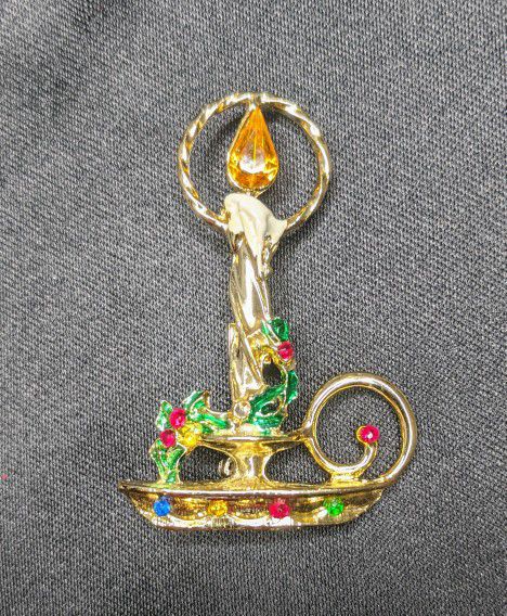 Vintage Enamel Holiday Candle & Holly Brooch Pin, Christmas