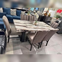 7PC Marble top Dining table set Chocolate color