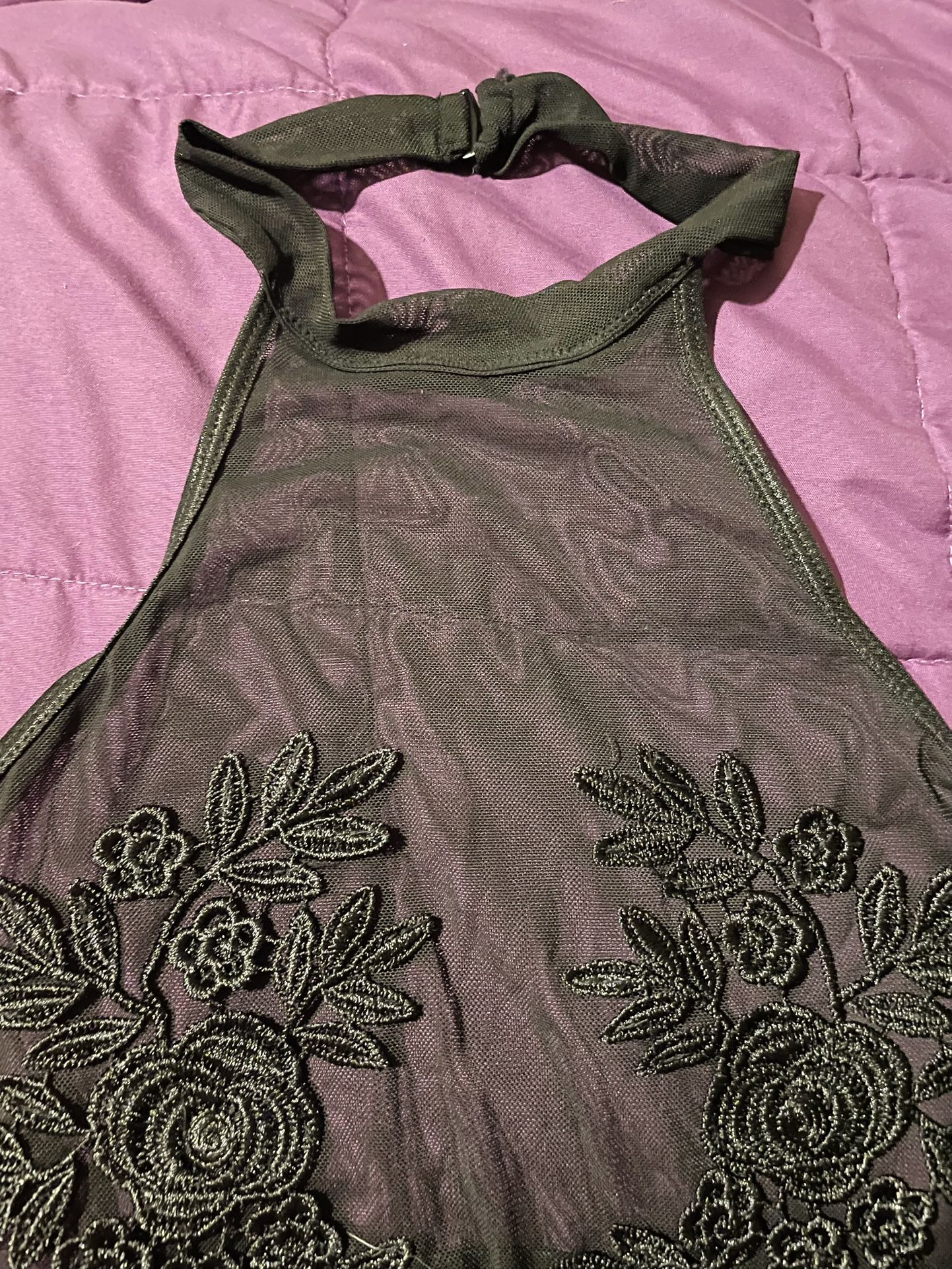 (Black, Sheer) Halter/Rosettes Bodysuit
