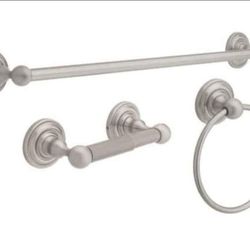 Delta Greenwich 3-Piece Bath Hardware Set with Towel Ring Toilet Paper Holder and 24 in. Towel Bar in Brushed Nickel, New, 2 Are Available, price us f