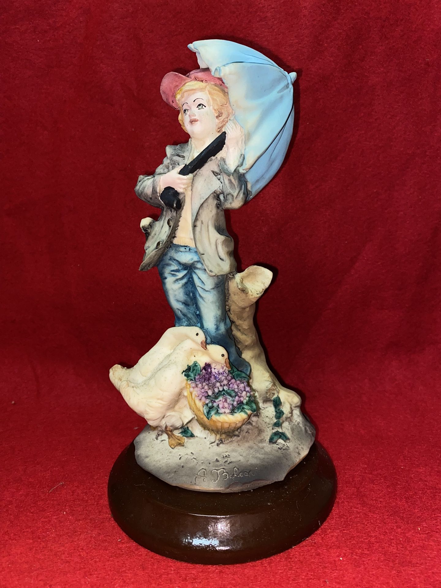9.5 Inch Painted Alabaster Boy With Umbrella Figurine Imported From Greece
