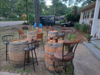 Wood barrels and High Barstools Set
