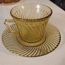 Vintage Amber Cup And Saucer Set Federal Depression Glass 