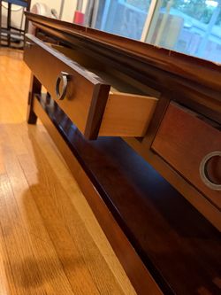 Mission Style Wood Coffee Table w/ Drawers & Storage Shelf – 48"