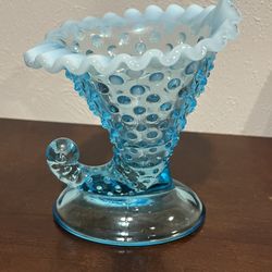 Vintage Fenton Aqua Hobnail Opalescent Cornucopia Boot Vase