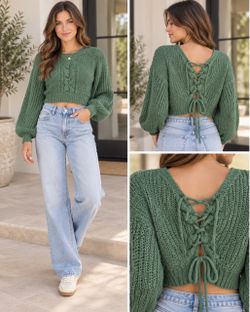 Green Lace-Up Back Crop Knit Sweater