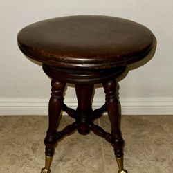 Antique Adjustable Piano Stool, , Glass Ball and Brass feet , Solid Wood! 