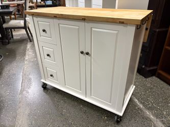 White 3-Drawer Butcher Block Top Extendable Rolling Kitchen Island