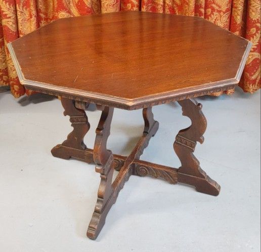 Antique Octagon Wood Center Table Carved Walnut Jacobean Renaissance Card Game Parlor library Victorian 001