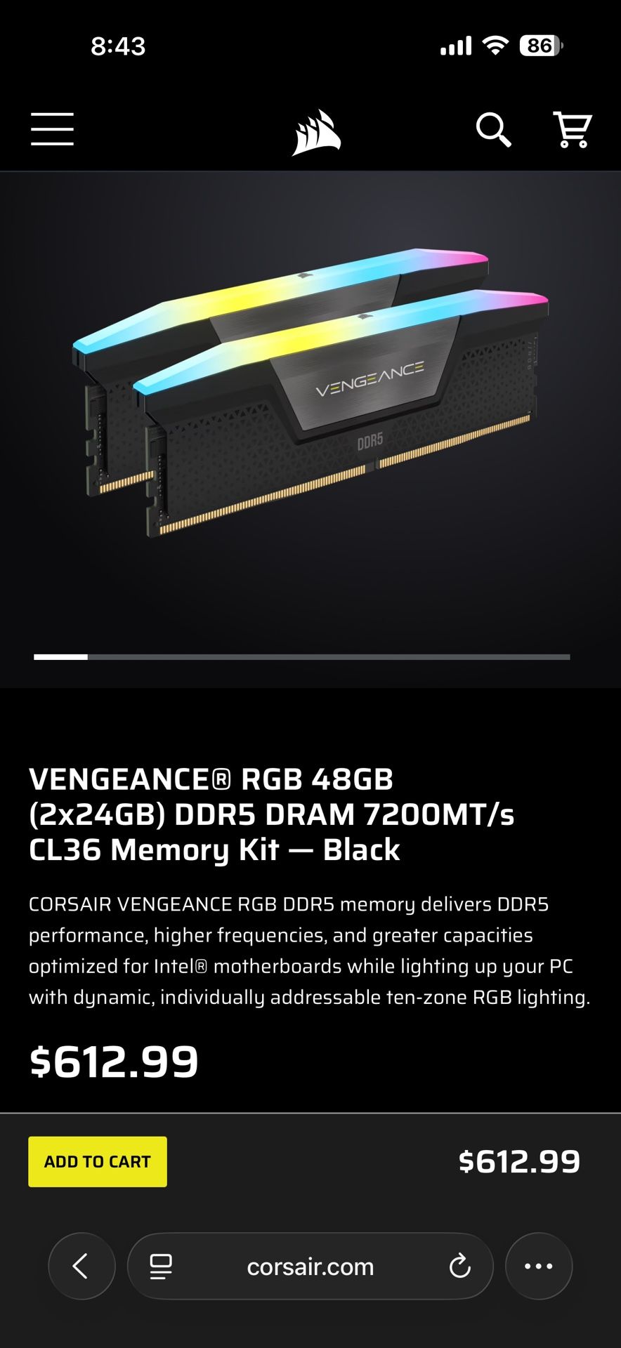 Corsair VENGEANCE RGB DDR5 48GB (2x24GB) 7200MT/s CL36 – Black