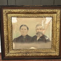 Antique Victorian Large charcoal drawing of Man and Women in Ornate Wood Frame—Antique Wall Art