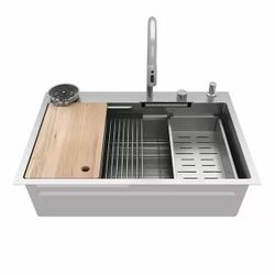 33.2 in. W Drop-In Single Bowl Silver Stainless Steel Kitchen Sink Workstation Set With Waterfall, Pull-Down Faucet $160